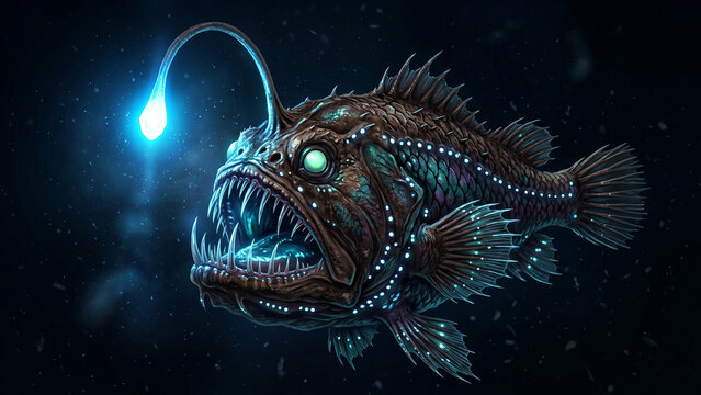 Bioluminescent deep sea anglerfish with glowing electric blue lure needle teeth large eyes and photophore organs centred against dark ocean black background