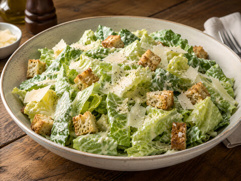Fresh caesar salad served in a wide rustic bowl with creamy dressing, parmesan cheese, and crunchy croutons on a timber table in warm natural light.