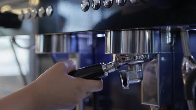 Coffee machine hand portafilter espresso brewing cafe metal closeup beverage preparation, espresso machine portafilter hand inserting coffee handle cafe close up of brewing process with metal