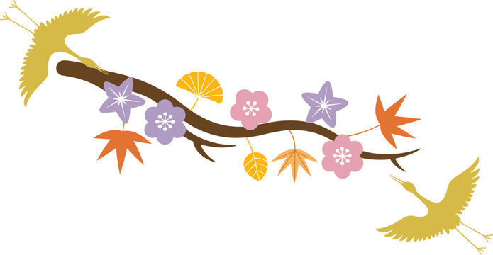 Traditional Japanese Golden Crane and Floral Branch Vector Illustration Featuring Autumn Maple Leaves and Plum Blossoms for New Year Greeting Card Designs