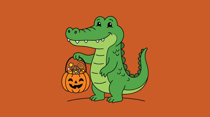 Fototapeta premium Cute Cartoon Alligator with Jack-O-Lantern