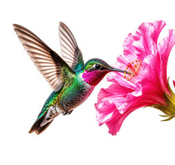 Fototapeta premium Hummingbird hovering near a bright pink hibiscus flower as cut out PNG isolated on transparent background
