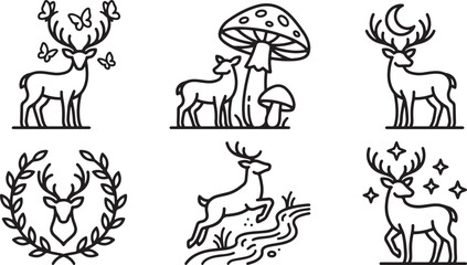 Fototapeta premium Collection of linear deer illustrations showing various magical woodland scenes with animals and nature elements in a minimal graphic style