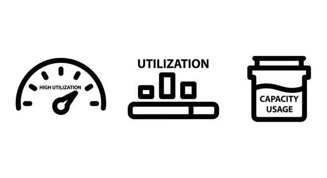 Icons illustrating utilization capacity measurement gauges for performance metrics with progress bar chart utilization capacity measurement performance business analysis management