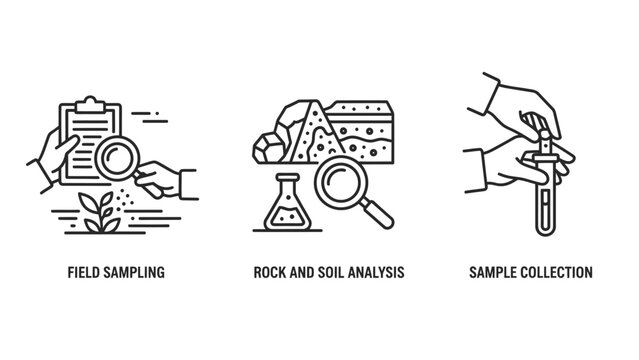 Science and research icons: field sampling rock analysis sample collection with research analysis sampling collection magnifying laboratory experiment discovery information document