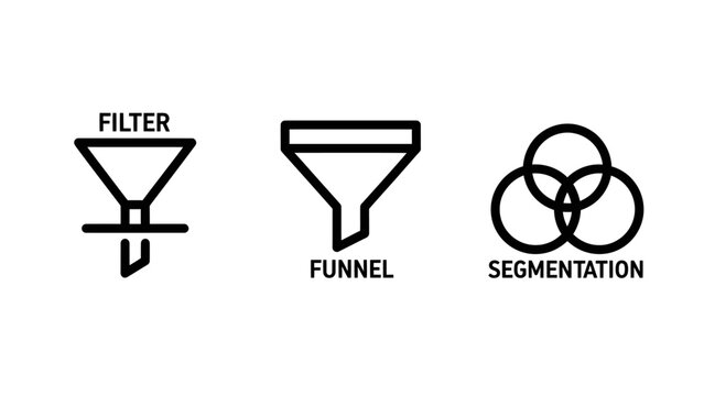 Filtering funnel segmentation icons representing data processing concepts with user interface segmentation information analysis business strategy marketing organization separation selection