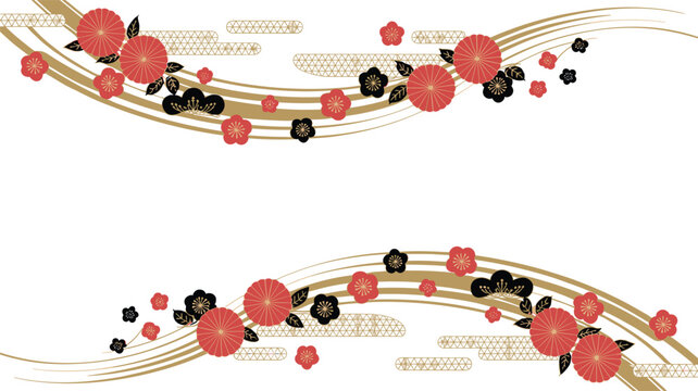 Traditional Japanese Floral Wave Border Vector Template Featuring Elegant Plum Blossoms Camellias and Golden Clouds for New Year Greeting Card Designs