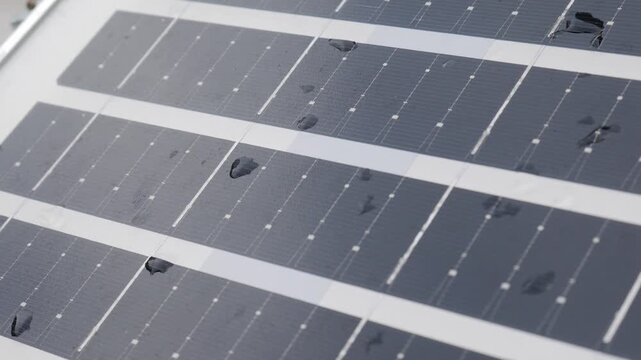 Closeup solar panel surface with water rain droplets showing photovoltaic cell grid pattern renewable clean energy technology