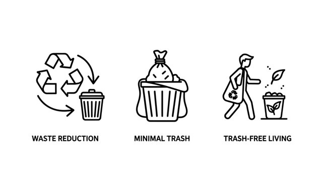 Recycling and waste reduction icons trash bin eco-friendly with waste management recycling reduction friendly environment container sustainability circular collection minimalist carrying