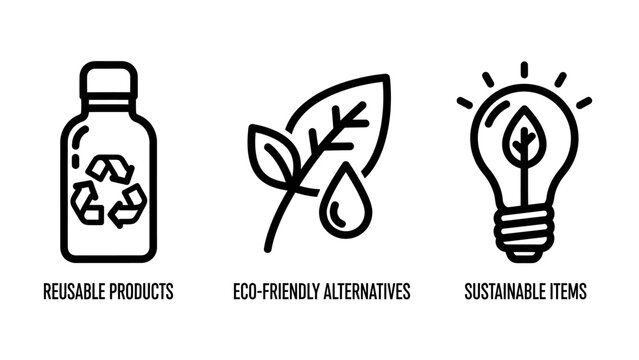 Reusable products eco-friendly alternatives sustainable items vector icons set with zero waste plastic free water drop line art reusable products alternatives sustainable environment