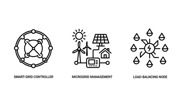 Decentralized network modernized power grid load-balancing nodes technology icons set with smart grid data flow line icons icon set electricity technology renewable distribution infrastructure
