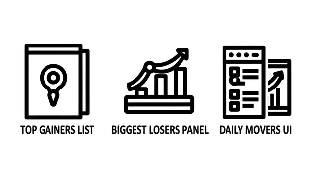 Stock market top gainers list biggest losers panel daily movers UI icons for financial data icon set black and white design element financial investment analysis business interface