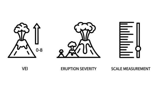 Volcanic eruption severity and measurement scale line icons set for geological research with disaster management eruption severity measurement geological disaster seismology volcanology