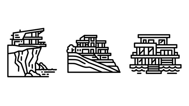 Modern cliffside hillside waterfront houses outline icons set with real estate line art dream home estate icon architecture design property development architecture residential building