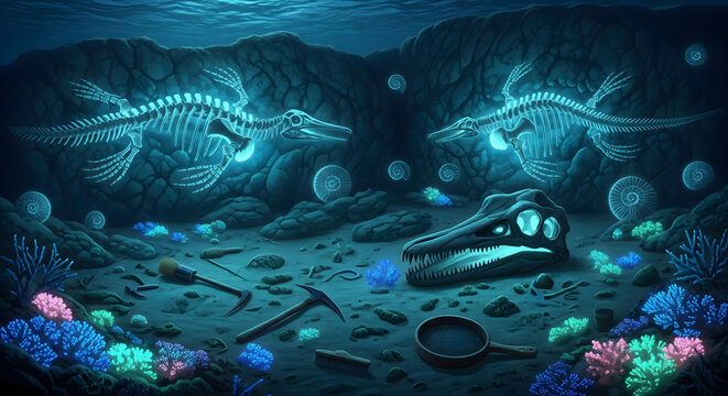 Glowing bioluminescent prehistoric marine reptile skeletons and fossils on the underwater seabed with paleontological tools.
