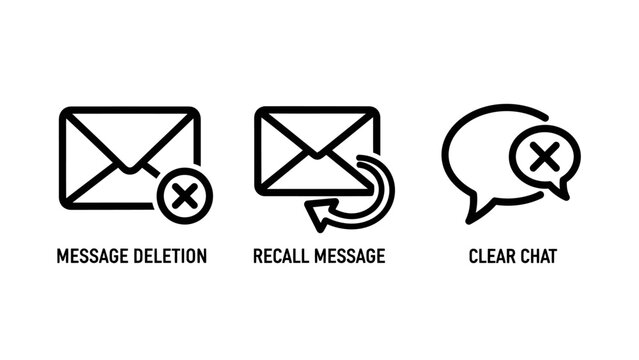 Email and chat management icons: message deletion recall message clean chat black and white line art set with delete message instant messaging deletion communication internet application