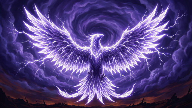 Electric storm phoenix rising with wings spread composed entirely of crackling white violet lightning energy arcing feathers against swirling indigo storm cloud vortex