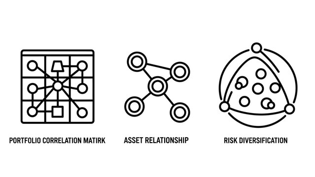 Portfolio correlation matrix asset relationship risk diversification icons for financial analysis and business strategy with portfolio correlation relationship diversification business analysis