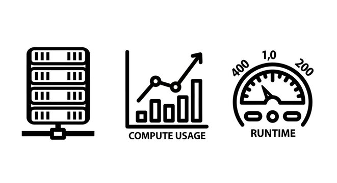 Server performance metrics and compute usage monitoring icons with performance monitoring statistics infrastructure technology information efficiency resource management measurement progress