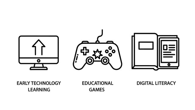 Educational icons representing early technology learning educational games digital literacy with early childhood game controller technology learning education literacy development teaching
