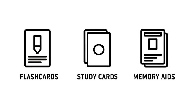 Flashcards study cards and memory aids learning tools icons set with educational materials flashcards learning education knowledge information preparation revision academic classroom
