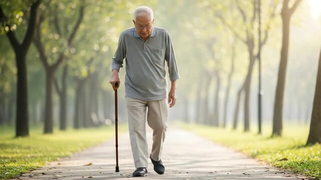 Elderly man walking with cane on pathway in park at sunrise  