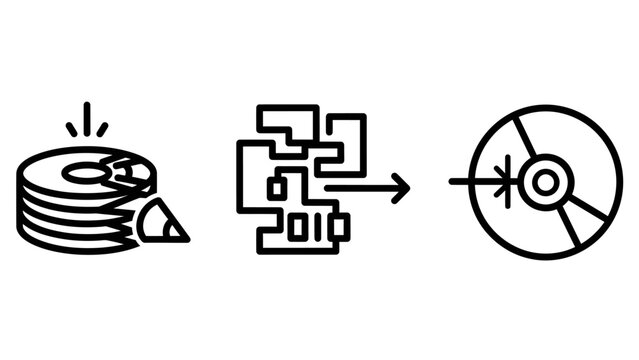 Data storage and processing icons showing database management stack system architecture and optical disc media with database management architecture information processing technology computer