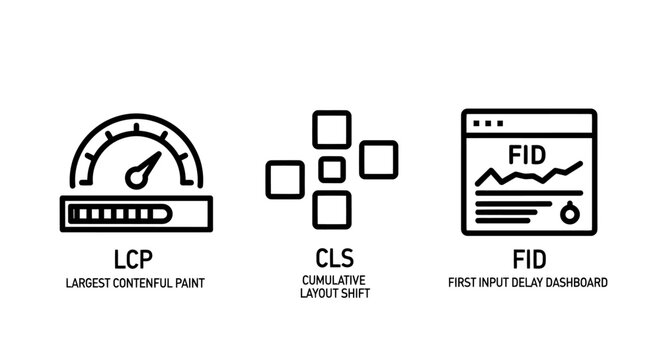 Set of line icons representing core web vitals metrics including largest contentful paint lcp cumulative layout shift cls and first input delay fid for website performance optimization with analytics