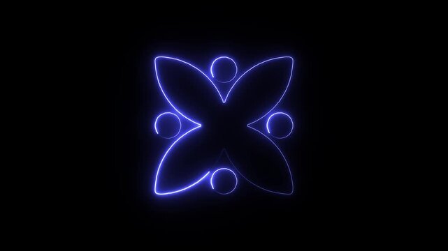 Abstract glowing blue neon flower or clover pattern on black background a featuring lines forming
