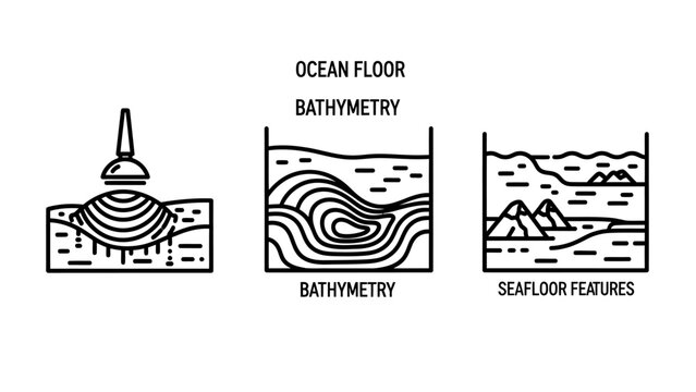 Ocean floor bathymetry and seafloor features icon set representing marine mapping and underwater topography research with bathymetry seafloor contours topography research underwater geography