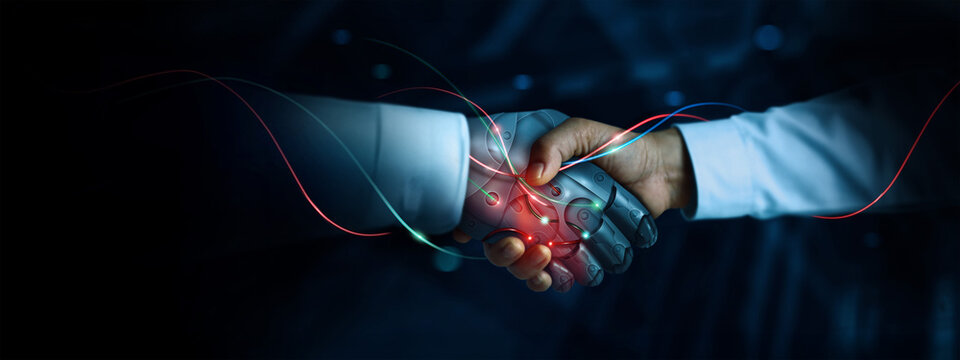 Handshake of robot and human, Integration between human and artificial intelligence. AI adoption for working to Assistant of business, Digital Transformation, Science and technology for futuristic.
