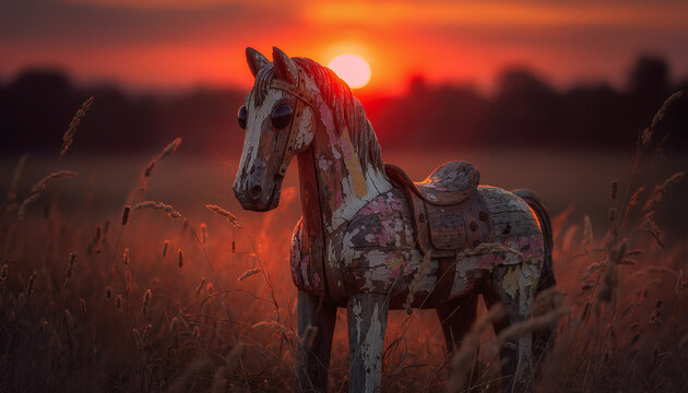 An old wooden horse statue stands in a field of tall grass bathed in the warm, golden light of a beautiful sunset.