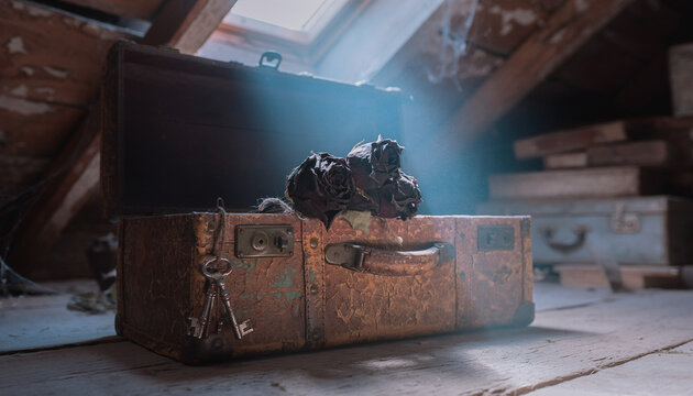 Old rusty suitcase in a dusty attic with a beam of light illuminating forgotten items.