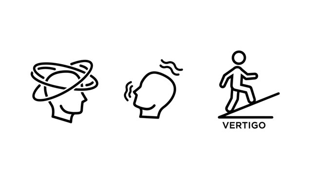 Medical icons depicting symptoms of vertigo including dizziness head spinning sensation loss of balance while walking dizziness spinning unsteadiness condition sickness equilibrium