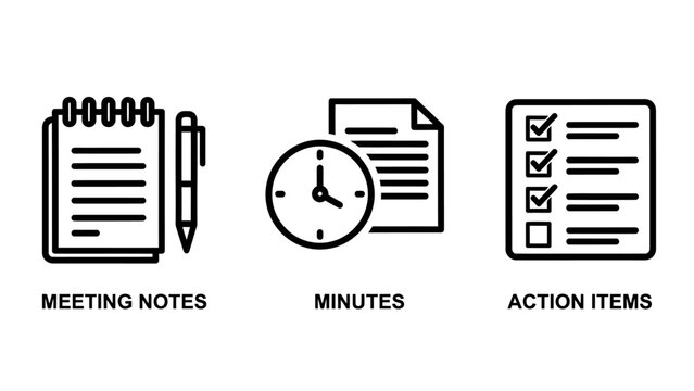 Project management productivity icons for meeting notes minutes with clock and action items checklist for office organization business productivity management organization document checklist