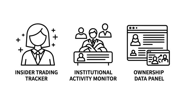 Business and finance monitoring icons for insider trading tracker institutional activity monitor and ownership data panel dashboards with business institutional activity ownership dashboard