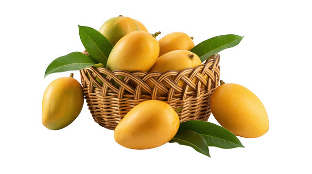 Wicker basket containing fresh ripe mangoes with green leaves isolated isolated on a transparent background