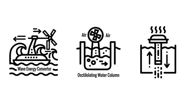 Renewable marine energy systems icons including wave energy converter oscillating water column and hydroelectric power generation technology with renewable technology environment generator