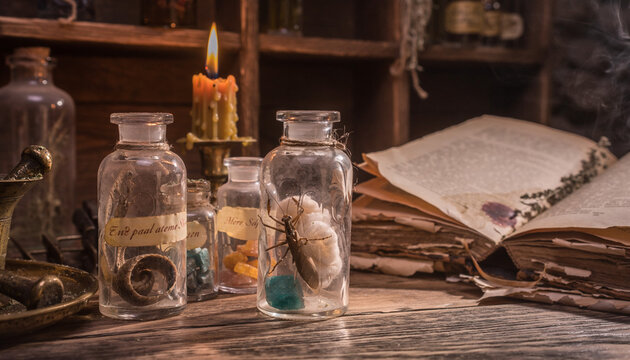 A mysterious and dimly lit alchemist's or witch's desk with old books, glass jars containing insects and various ingredients, and a glowing candle.