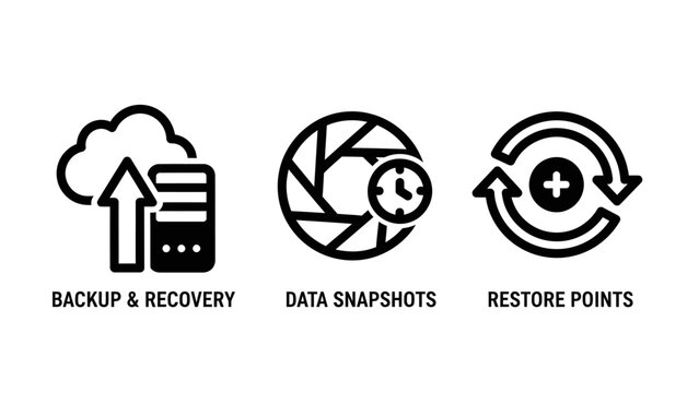 Professional backup and recovery data snapshots and restore points information technology linear icons set for cloud computing and database management services with recovery snapshot technology