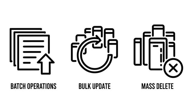 Batch operations bulk update and mass delete linear icons set for data processing management software and efficient user interface design for web applications with operations processing management