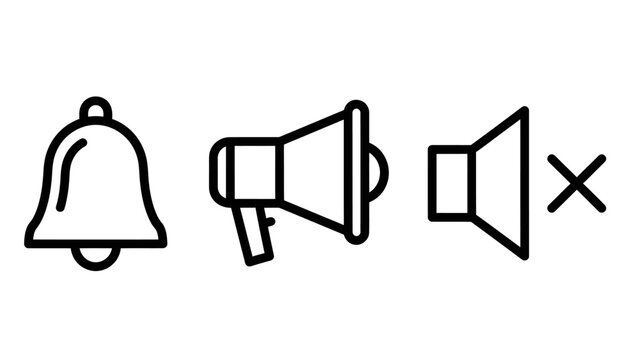 Collection of notification audio and communication linear icons including bell megaphone and mute speaker symbols for mobile apps and digital interface design with notification, communication