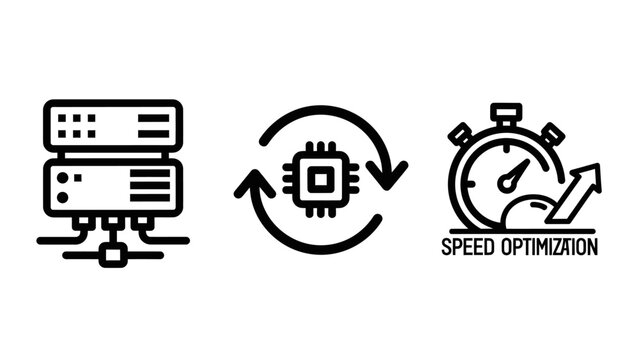 Server infrastructure processor performance and speed optimization information technology icons representing data centers computing hardware and system efficiency with infrastructure, processor