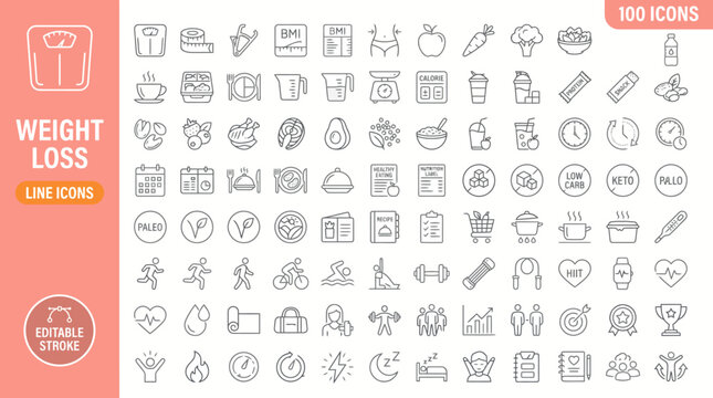 A collection of line icons related to weight loss and healthy lifestyle on a white background. jpg