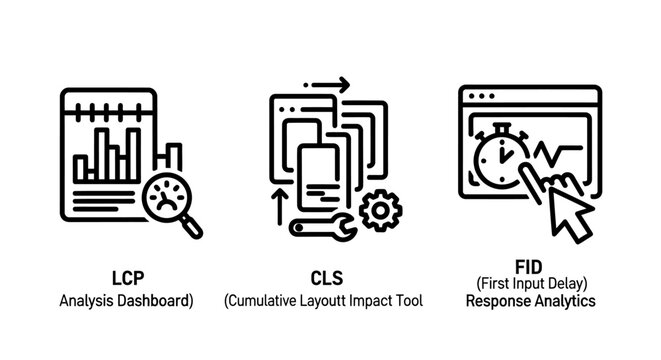 Web performance metrics icons lcp cls and fid performance analytics dashboard response developer optimization monitoring measurement internet technology interface experience stability