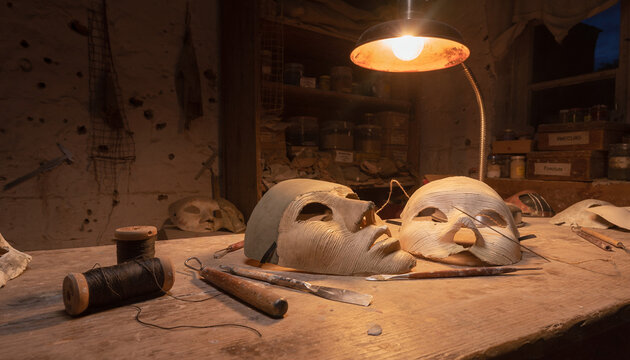 A dimly lit workshop table with two unfinished theatrical masks, craft tools, and spools of thread, creating an eerie and creative atmosphere.