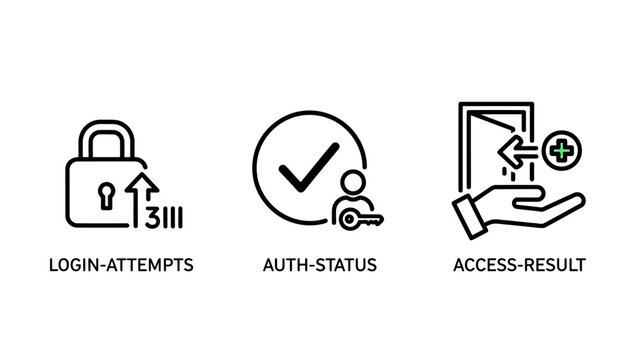 Cybersecurity icon set representing login attempts and access results with security authentication protection verification internet password technology software authorization approved