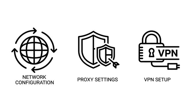 Network configuration proxy settings vpn connection icons set with configuration settings internet security connectivity encryption protection software anonymous connection technology