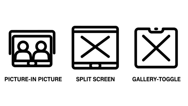 Interface icons set including picture-in-picture split screen gallery toggle with interface streaming television software application technology navigation minimalist illustration interaction