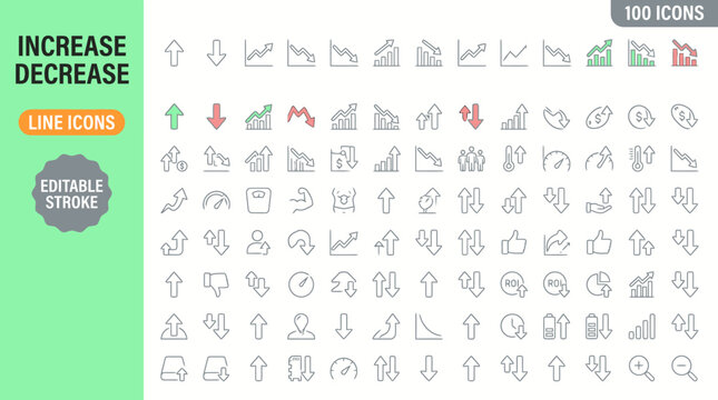 A collection of 100 line icons depicting various increase and decrease symbols for business and data analysis jpg